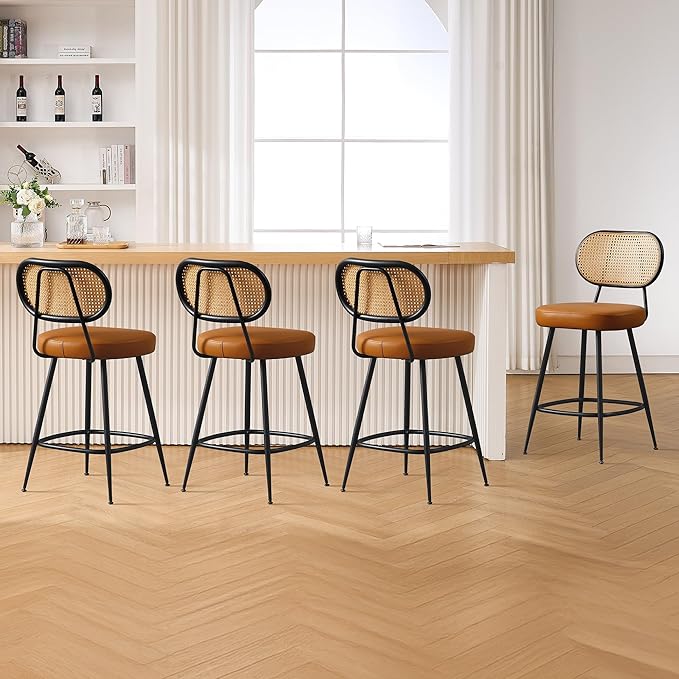 BFZ Counter Height Bar Stools Set of 4, 26" Seat Height Barstools with Rattan Back and Metal Legs, Upholstered Faux Leather Bar Chairs for Kitchen Island, Home Bar, Brown