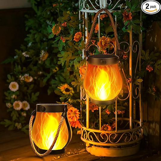 Solar Flame Lantern Hanging Outdoor Waterproof Purple - 2 Pack Flame Lanterns with Dual Charging Modes of Solar & USB for Garden or Yard Christmas Decorations (Warm White - 2 Pack)