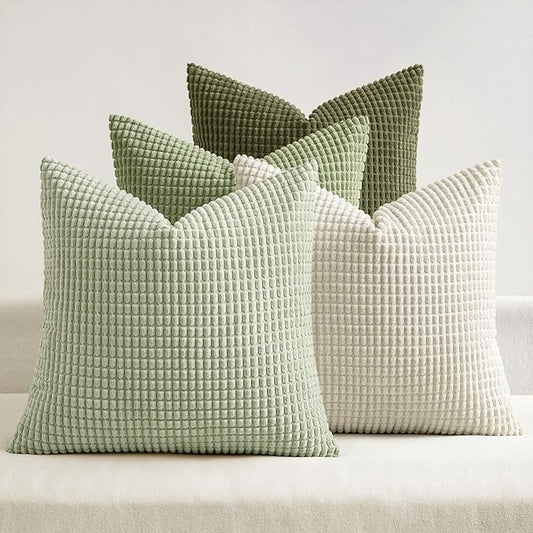 MIULEE Modern Farmhouse Decorative Lumbar Pillow Covers 18x18 Inch Set of 4 Natural Rustic Throw Pillows Neutral Warm Soft Corduroy Couch Pillowcases Home Decor for Sofa Living Room Bed Light Green