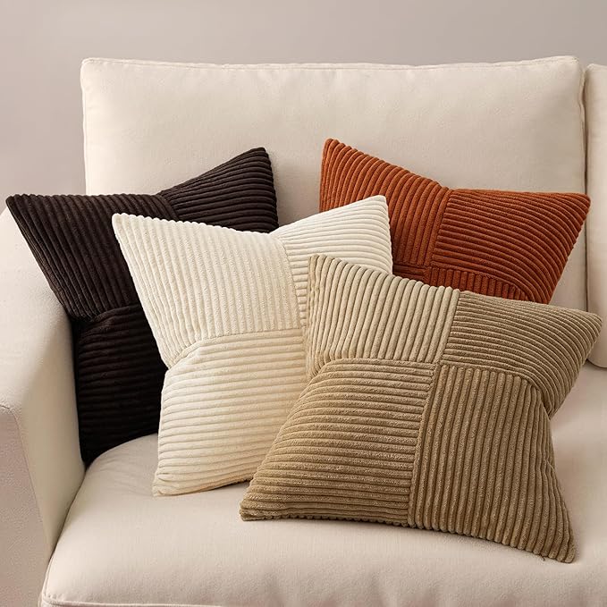 MIULEE Brown Beige Throw Pillow Covers 18x18 Inch Set of 4 Boho Farmhouse Cushion Cases for Livingroom Couch Bed Soft Corduroy Pillow Cases with Invisible Zipper Home Decor