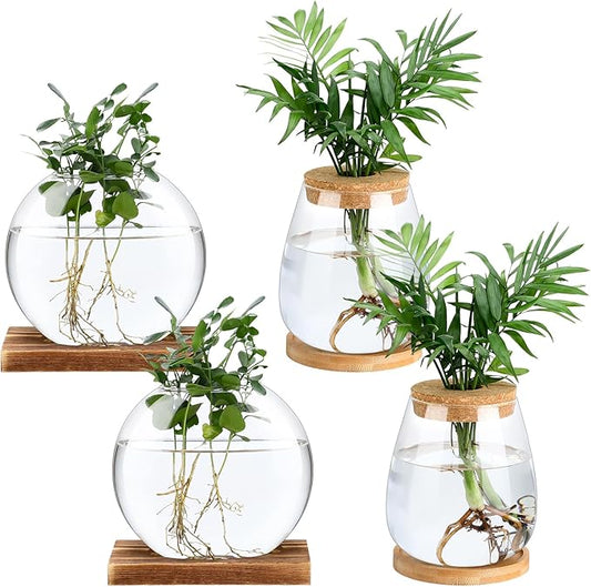 Layhit 4 Pcs Plants Propagation Stations vases Glass Planters with Wooden Lid and Bamboo Stand for Hydroponic Plants Gardening Gifts for Women Mom Home Office Tabletop Decoration(Cute Style)