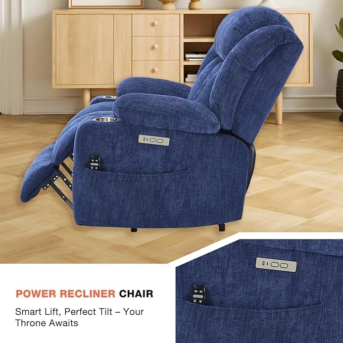 Power Lift Recliner Chair, 350lb Capacity with 8-Point Massage & Heating, USB/Type-C Ports & Cup Holders, Heavy Duty Chenille Recliner for Elderly, Blue