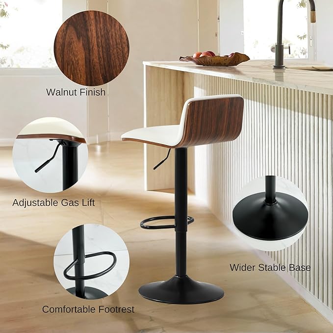 Set of 4 Swivel Bar Stools Adjustable Height, Faux Leather Barstools with Wooden Back and Footrest, Counter Height Bar Height Chairs for Kitchen Island, Dining Room, White