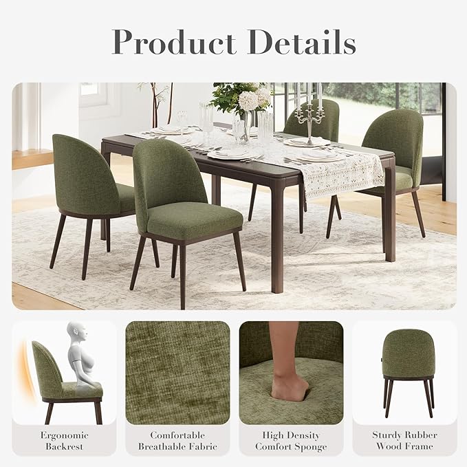 Upholstered Dining Chairs Set of 2, Large Dining Room Kitchen Chairs with High Back and Deep Seat, Modern Fabric Dinner Chairs with Wood Legs, Green