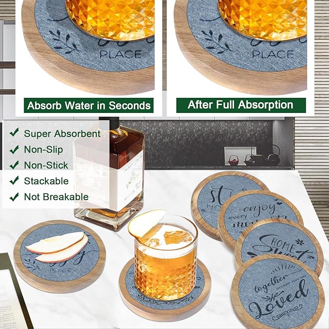 Wood Coasters for Drinks Housewarming Gifts for Home Decoration Coasters Sets of 6 4.3 Inch Gray
