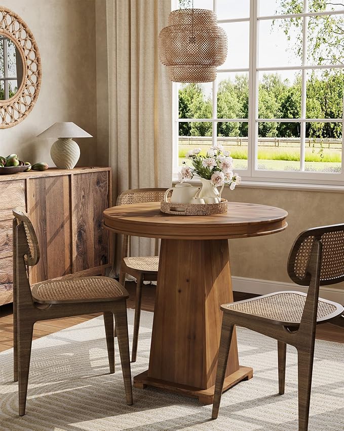 LITTLE TREE Solid Wood Round Dining Table, 31.5" Small Kitchen Table for 2, Modern Farmhouse Dinner Table for Dining Room, Kitchen, Living Room, Artistic Geometric Base (Rustic Brown)