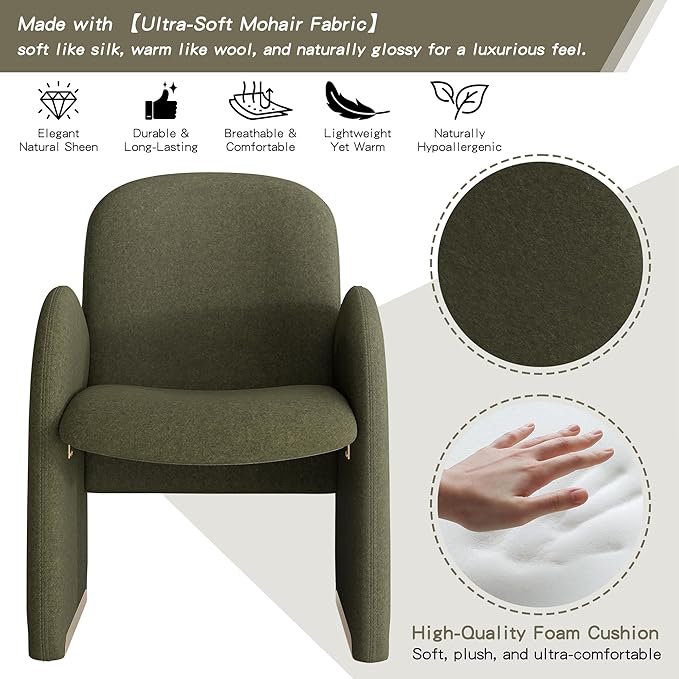 YOUTASTE Oversized Mohair Accent Chair for Living Room & Bedroom, Mid-Century Modern Armchair with Wood Frame & Gold Legs, Comfy Upholstered Single Sofa, Green