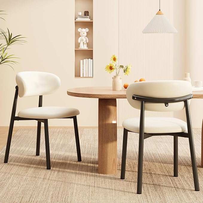 Kitchen Dining Chairs Set of 2 Modern Upholstered Leather Farmhouse Dining Room Chair with Metal Legs, Black/Beige