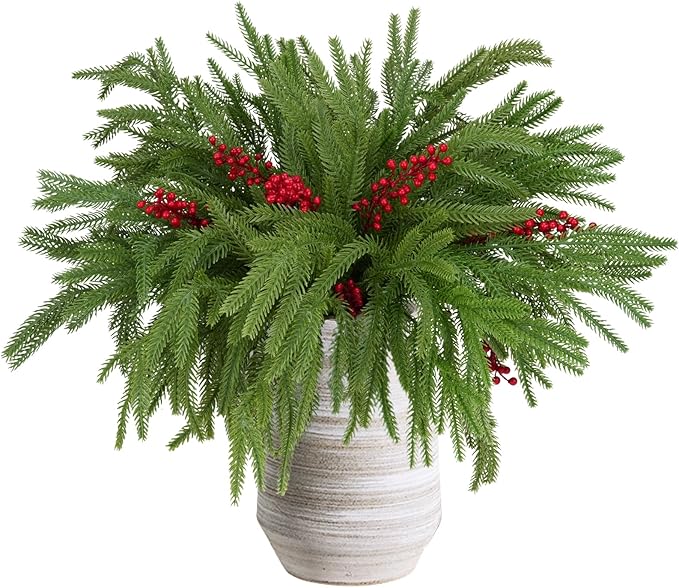 12pcs Christmas Norfolk Pine Stems with Berry Set, 18 Inches Artificial Norfolk Branch 6pack, Faux Berry Stem 6pack,Fake stem Greenery Pine Picks for Indoor Home Vase DIY Outdoor Wreath Decoration