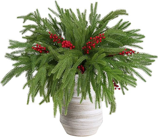12pcs Christmas Norfolk Pine Stems with Berry Set, 18 Inches Artificial Norfolk Branch 6pack, Faux Berry Stem 6pack,Fake stem Greenery Pine Picks for Indoor Home Vase DIY Outdoor Wreath Decoration