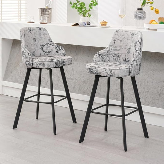 Bar Stools Set of 2, 30" Swivel Bar Height Bar Stool with High Back, Linen Kitchen Barstool Bar Height for Kitchen Island (Beige (Nautical Print), 2PCS 30" Bar Stools)