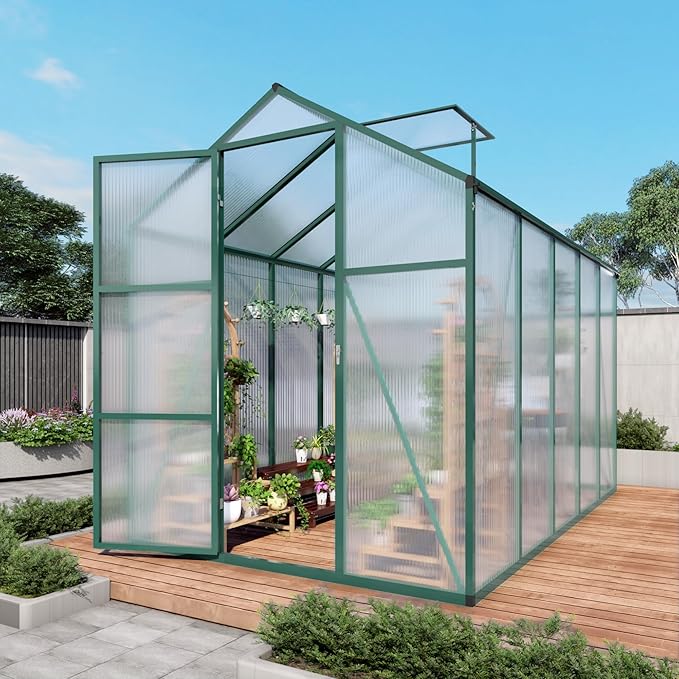86in High 6*10.2FT Greenhouse for Outdoors, Polycarbonate Greenhouse with Stronger Wind Protection and Roof Vent, Walk-in Large Aluminum Sunroom Winter Proof, Green