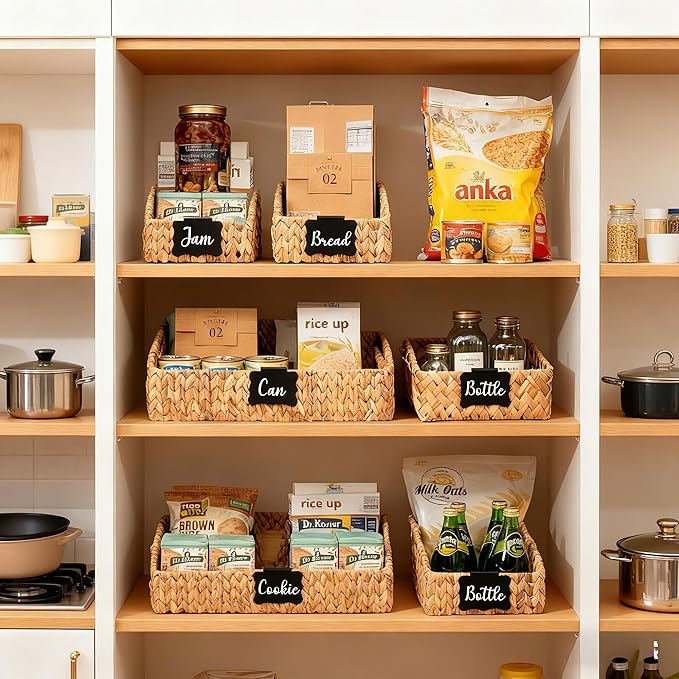 Wicker Baskets for Organizing,Pantry Baskets with Built-in Handles, Handwoven Wicker Storage Basket, Water Hyacinth Storage Bins for Shelves, 3 Pack, Natural 2 Set