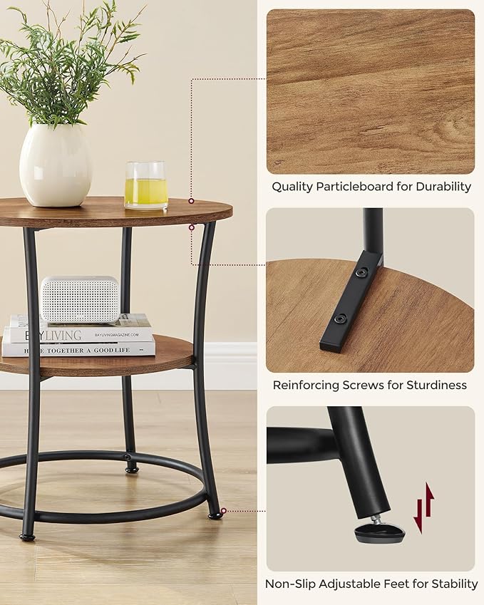 VASAGLE Side Table, 2-Tier Round End Table, Nightstand with Steel Frame for Small Spaces, Living Room, Bedroom, Honey Brown and Ink Black