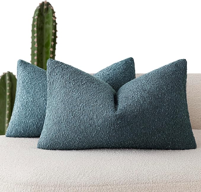 Foindtower Pack of 2 Textured Boucle Throw Pillow Covers Accent Solid Decorative Lumbar Pillow Cases Cozy Couch Cushion Case for Chair Sofa Bedroom Living Room Home Decor 12x20 Inch Misty Blue