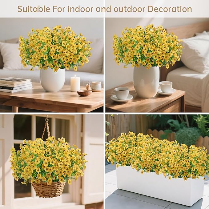 12 Bundles Artificial Flowers Plants for Outdoor Indoor Summer Home Decor, Faux Flower Daisy with Eucalyptus Leaves Fake Plants, UV Resistant Artificial Flowers for Garden Porch Patio Decor Yellow