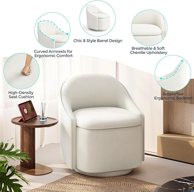 LINSY Swivel Accent Chair with Storage Comfy Chenille Barrel Chairs, Small 360 Swivel Modern Armchair for Living Room Bedroom, Boucle Reading Chair for Study Room (Beige)