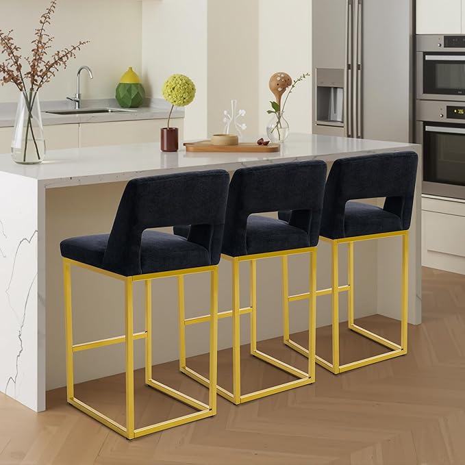 Black and Gold Counter Height Bar Stools Set of 3 for Kitchen Counter Modern Bar Chairs with Backs for Kitchen Island with Upholstered Fabric Seat and Metal Frame, 26 Inch