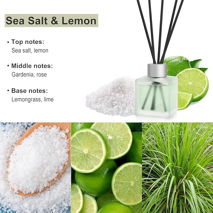 Reed Diffuser, Sea Salt & Lemon Scented Oils, Air Freshener Essential Oil Set with Diffuser Sticks, 3.4 oz Long Lasting Home Fragrance for Bedroom Office Shelf Bathroom Decor (2-Pack)