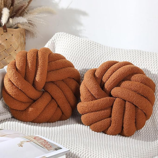 2 Pieces Knot Ball Pillows 14 x 14 Inch Decorative Pillow for Couch Bedroom Plush Throw Knot Pillow Soft Handmade Chair Cushion for Living Room Car Decorations (Caramel)