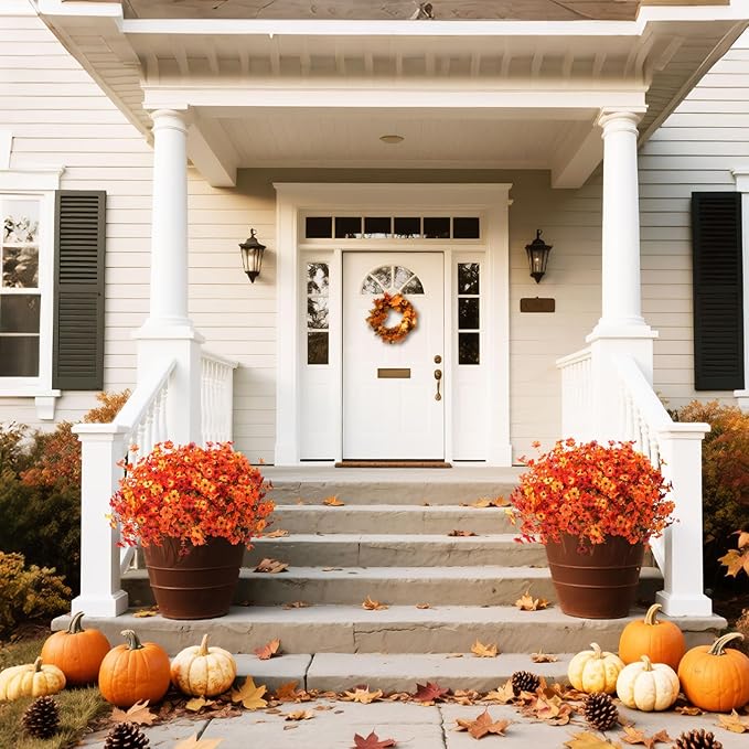 Artificial Fall Flowers for Decoration Fake Flowers Outdoor Artificial Plants, 12 Bundles Faux Mums Autumn Plastic Flower UV Resistant for Porch Patio Home Yard Garden Window Box Pot Planters