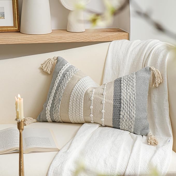 BlissBlush Decorative Lumbar Throw Pillow Cover 14x24 Boho Gray Accent Cushion for Couch Sofa Farmhouse Pillowcase for Bedroom Living Room Home Décor Cover ONLY