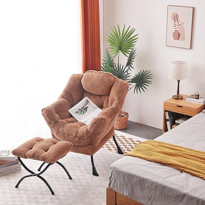 Welnow Lazy Chair with Ottoman, Modern Lounge Accent Chair with Armrests and a Side Pocket, Leisure Sofa Armchair, Reading Armchair with Footrest for Small Space, Plush Brown