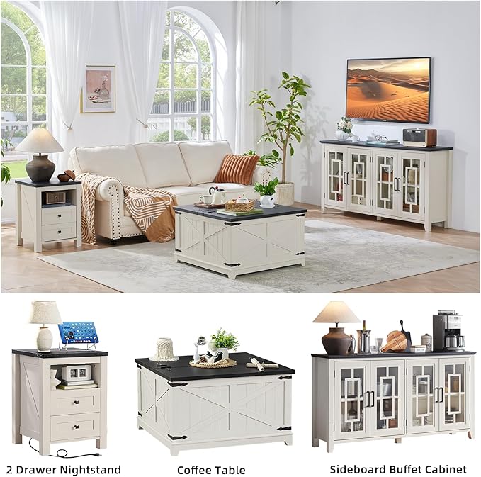 Night Stands with Charging Station Set of 2, Farmhouse Nightstand, White Wooden Bedside End Tables with 2 Drawers and Open Shelf, Bed Side Table for Bedroom, Living Room, Closet, Office