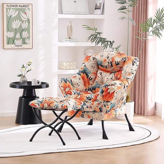 Welnow Lazy Chair with Ottoman, Modern Lounge Accent Chair with Armrests and a Side Pocket, Leisure Sofa Armchair Set, Reading Armchair with Footrest for Small Space, Orange Blue