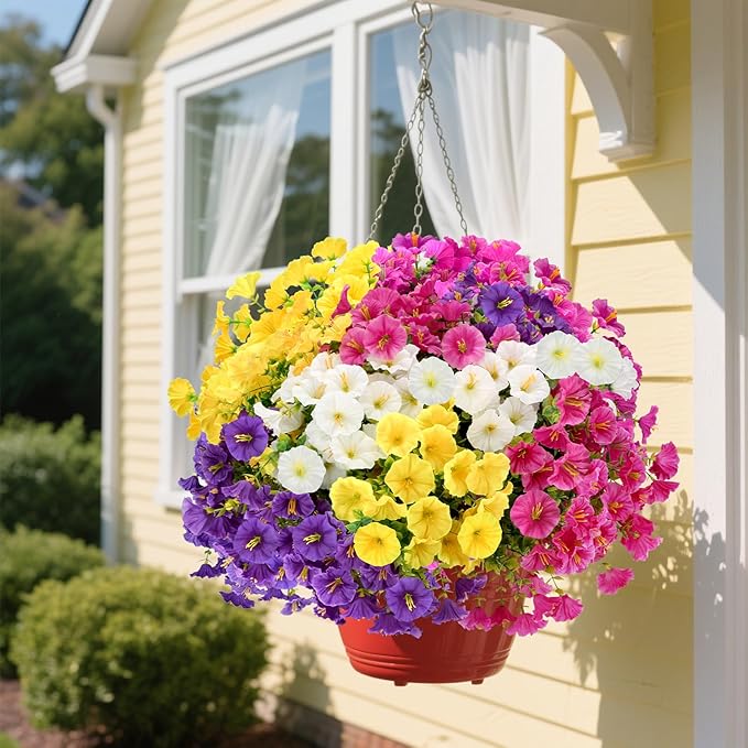 12 Bundles Artificial Flowers for Outdoors Decorations, Fake Flowers Artificial Plants Outdoor, Colorful Faux Morning Glory Eucalyptus Realistic UV Resistant for Garden Patio Porch Home Decor(Mutil1)