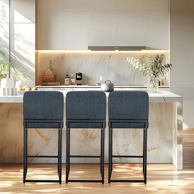 ALPHA HOME 24" Bar Stools Set of 2 Kitchen Counter Stools with Back, Counter Height Stools with Upholstered Footrest for Kitchen Island, Metal Steel Frame, Chenille, Blue