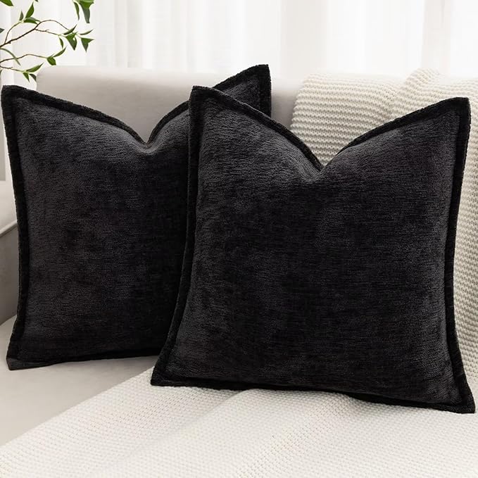 Black Decorative Throw Pillow Covers 20x20 Inch Set of 2 Cozy Soild Chenille Cushion Cases Soft Textured Square Couch Pillows Cover Boho Accent Farmhouse Pillowcases for Sofa Bed
