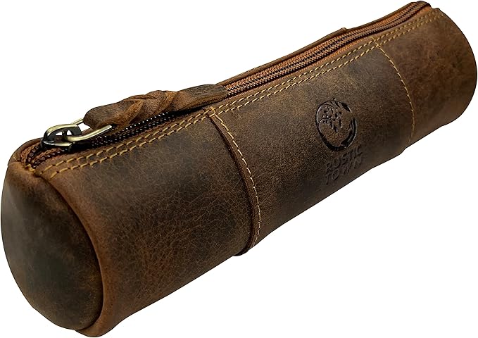 Rustic Town Leather Pencil Case - Full Grain Leather Zippered Pen Pouch - Stationery Bag Pen Holder for Work & Office
