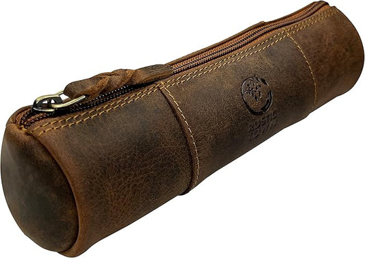 Rustic Town Leather Pencil Case - Full Grain Leather Zippered Pen Pouch - Stationery Bag Pen Holder for Work & Office