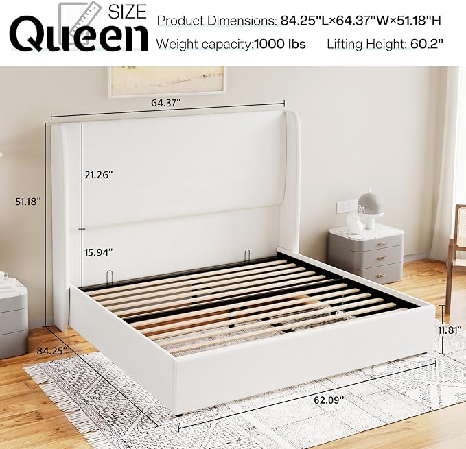 Jocisland Queen Size Bed Frame Lift Up Storage Bed Linen Upholstered Bed Frame with Hydraulic Storage/Wingback Headboard/No Box Spring Needed/White