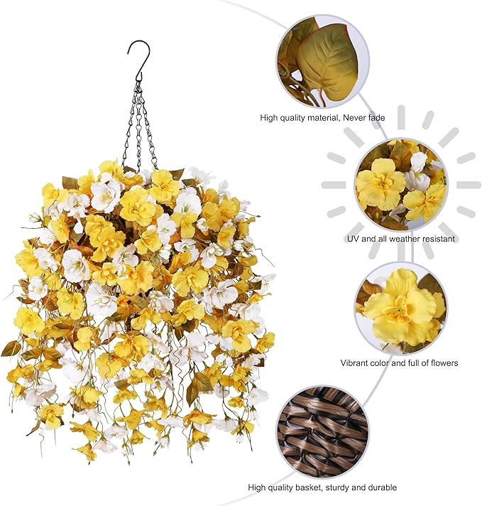 Artificial Fake Fall Hanging Flowers Plants Baskets for Outdoor Decoration, 5Pcs Faux Silk Hibiscus Long Vines in Planter UV Resistant Realistic Flower for Outside Home Porch Patio Garden