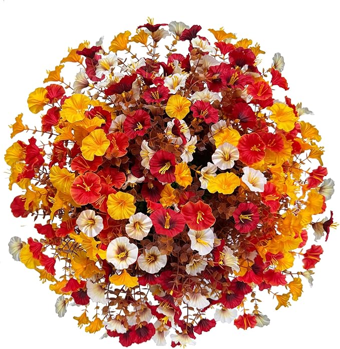 Artificial Fall Flowers with Hanging Baskets Outdoors, Faux mums for Outdoor planters, Fake Mums Petunia Artificial Hanging Plants UV Resistant for Autumn Porch Garden Home Yard Decor (Deep Autumn)