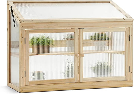 MCombo 2-Tier Wooden Cold Frame Garden Greenhouse Raised Flower Planter Shelf Bed Protection 6057-0160 (Natural)
