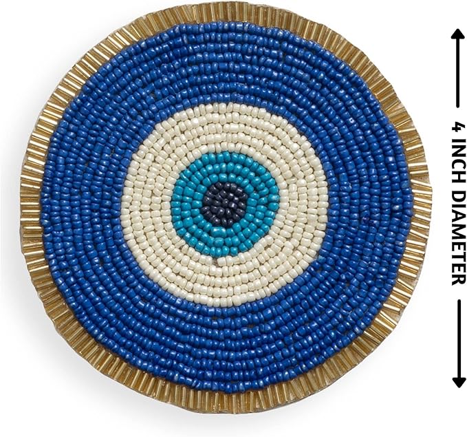Folkulture Beaded Coasters for Drinks | Set of 4 (4") Round Decorative Bar Coasters for Table Décorations | Cute Boho Coaster Set for Cocktail | Modern Coaster for Coffee Table | Evil Eye Gifts|