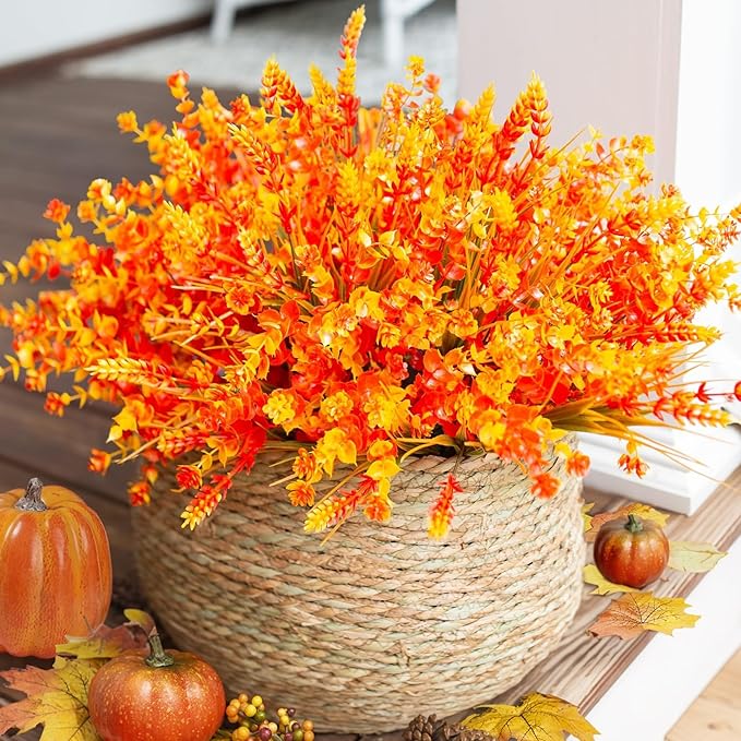 Artificial Faux Fall Mums Flowers Plants for Outdoor Outside, 12 Bundles Fake Autumn Orange Daisy Plastic Shrubs Greenery Realistic UV Resistant for Front Door Porch Patio Balcony Garden Yard Decor