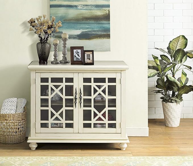 Martin Svensson Home Elegant Small Spaces Accent Cabinet with Glass Doors, Vintage Sideboard or Small TV Stand for Living Room or Entryway. Antique Cream White.