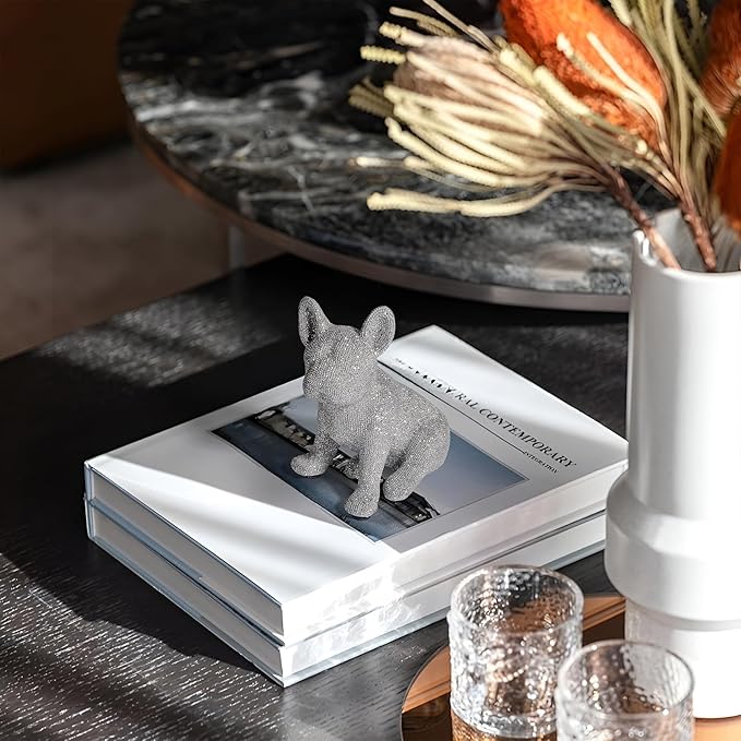 French Bulldog Statue,Resin Sparkly Frenchie Dog Sculpture Decor for Home Living Room Office Bedroom Shelf Desktop Decorations,French Bulldog Gifts for Men and Women,Silver