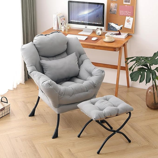 Lazy Chair with Ottoman, Modern Accent Chair with Lumbar Pillow, Comfy Chairs with Folding Footrest for Bedroom, Reading, Oversized Supportive Lounge Chairs(Grey)