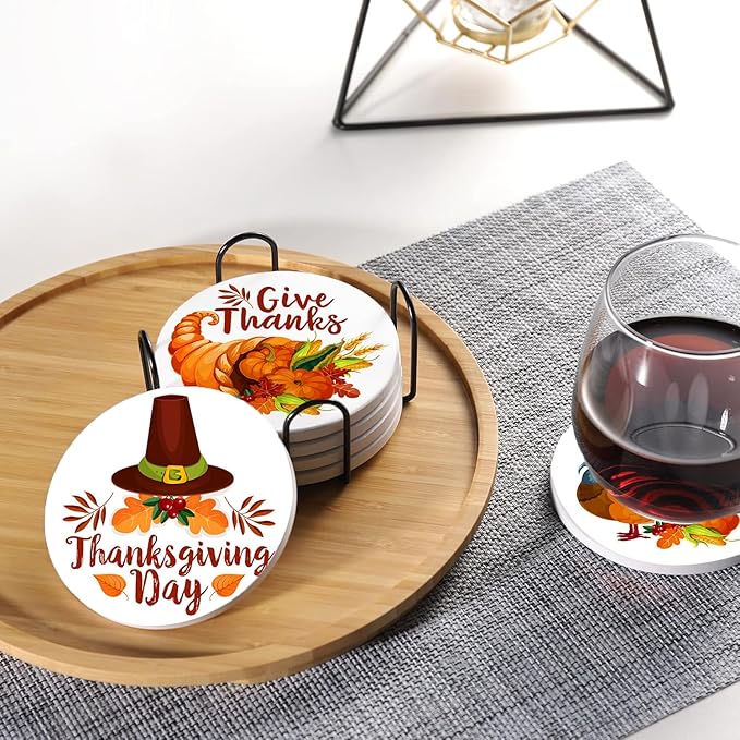 Thanksgiving Day Drink Absorbent Coasters with Holder Set of 6, Ceramic Stone with Cork Base, Turkey and Pumpkin Coaster for Drinks, Gift for Housewarming Room Bar Home Decor Kitchen