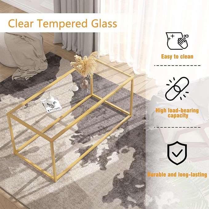 Glass Coffee Table for Living Room, Morden Center Table for Small Space,Simple Tea Cocktail Coffee Table with Clear Glass Top & Metal Frame, Easy Assembly,Gold