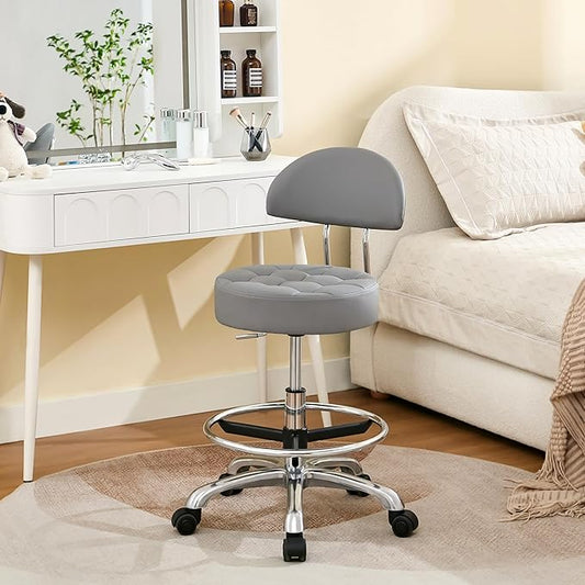 Tattoo Chair for Artist (Ergonomic Backrest and Footrest) (Quiet Wheels and Aluminum Base) Swivel Shop Stool (Gray)