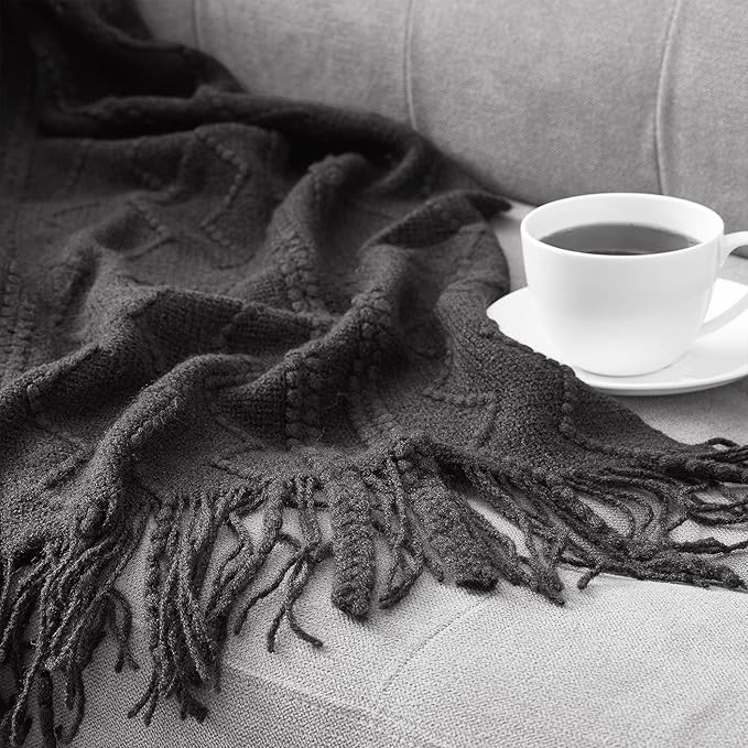 BOURINA Black Throw Blanket 50x60 Inches Throw Textured Solid Soft Sofa Couch Decorative Knit Blanket