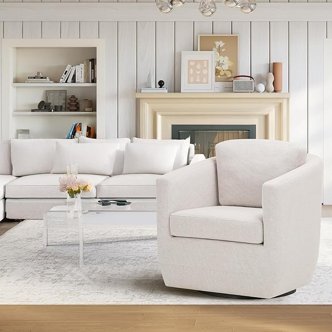 COLAMY 360° Swivel Accent Chair Set of 2 with Pillow, Living Room Armchair No-Sag Foam & Sturdy Metal Base, Fully Assembled Swivel Single Sofa for Bedroom Living Room, Reading Room, Beige