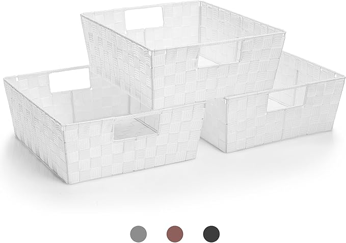 Sorbus Set of 3 Large Woven Storage Baskets – Mesh Hand-Woven Baskets for Organizing, Fabric Storage Bins for Linen Closet Organizer, Storage Baskets for Shelves and Home Organization (White)