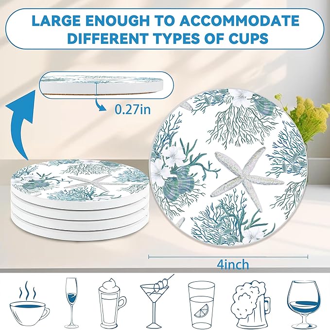 Seashell Coasters Set of 4, Starfish Beach Theme Round 4" Cup Coasters with Cork Base, Absorbent Ceramic Stone Coaster for Table Home Décor, Ideal Gifts for Women Men